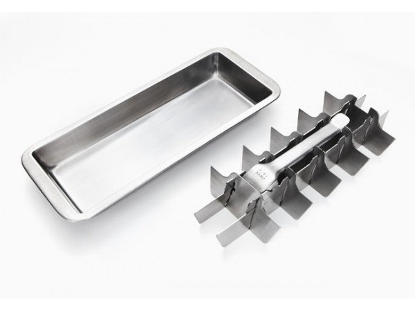 This Stainless Steel Ice Cube Tray with a lever handle is a durable non  plastic product. Just fill, freeze, and pull the lever to cleanly cut your ice  cubes.